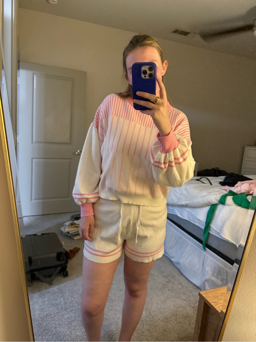 Pink and White Striped Sweater and Short Set